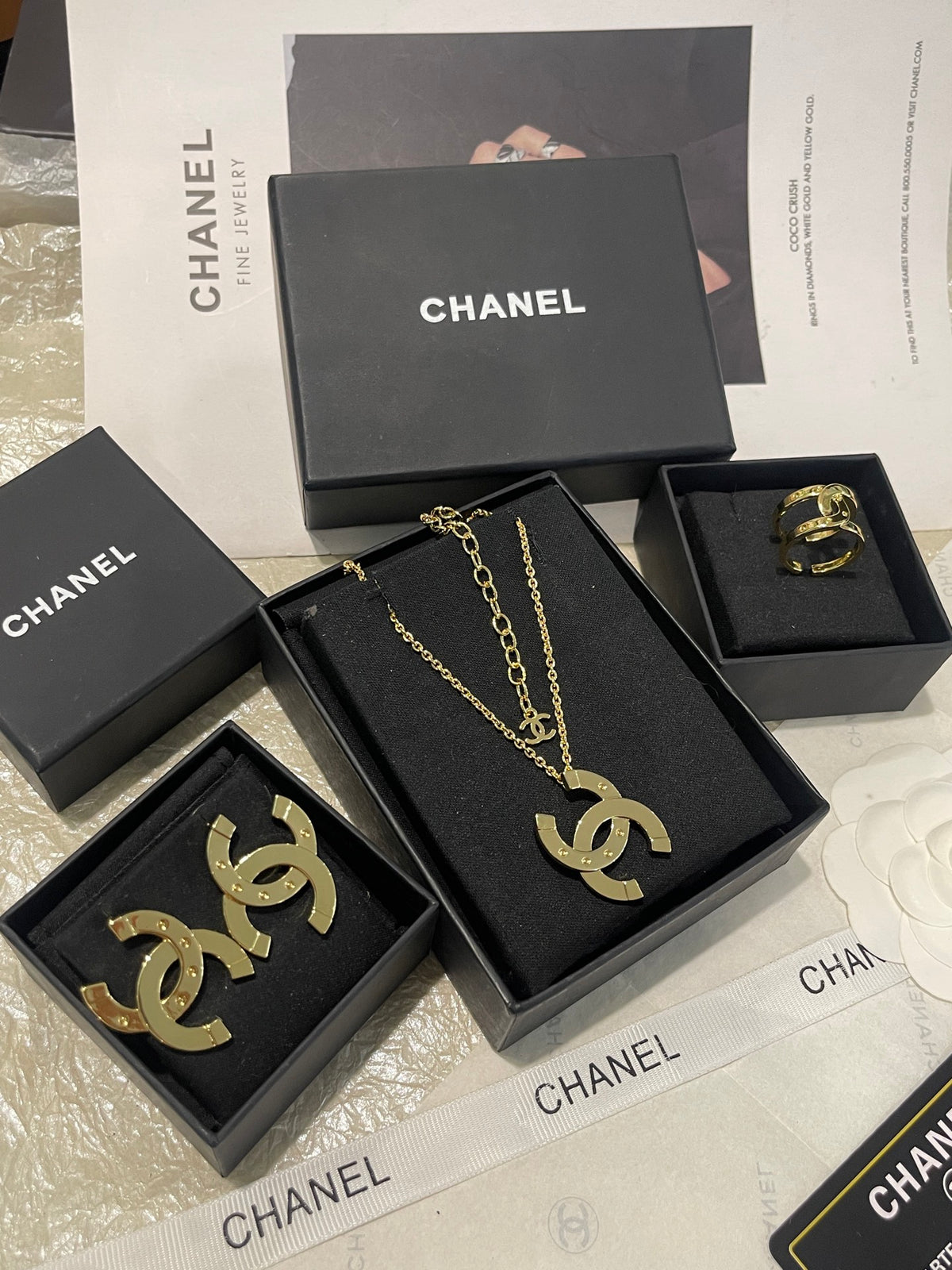 Double-C Emblem Stud Earrings in Gold-Tone – Design 023 front product view