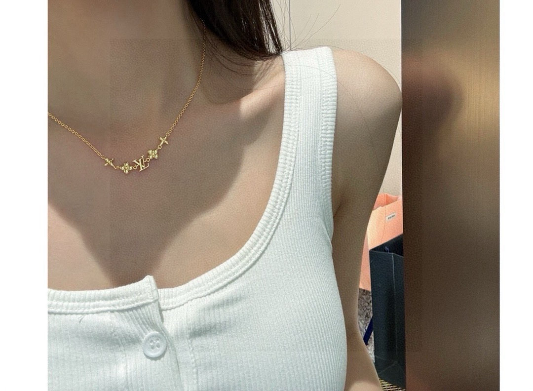 Letter Emblem Pendant Necklace in Polished Metal-Tone – Design 011 detail view
