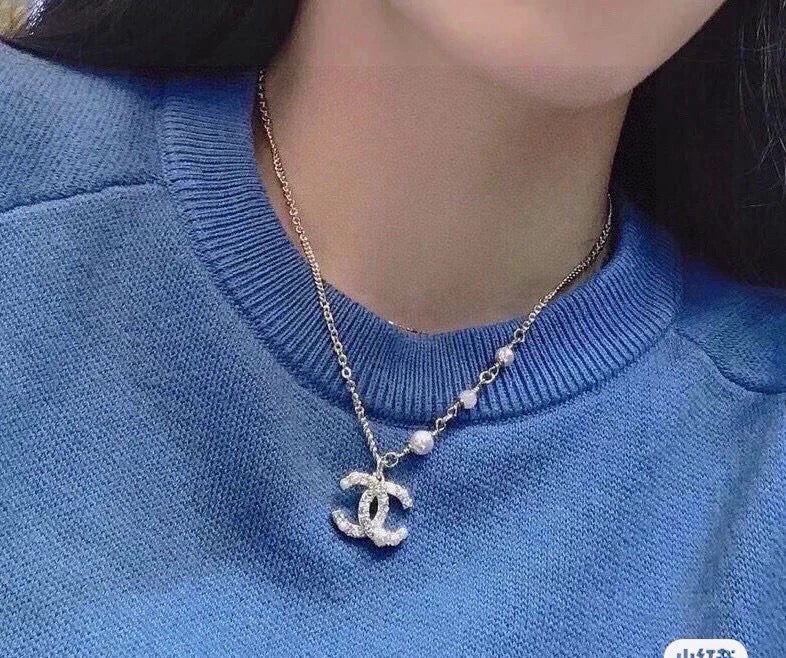 Double-C Emblem Pearl-Detail Pendant Necklace – Pearl Detail – Design 015 front product view
