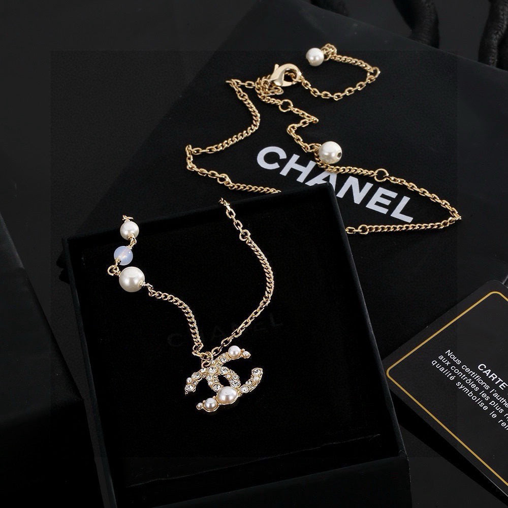 Double-C Emblem Pearl-Detail Pendant Necklace – Pearl Detail – Design 030 front product view