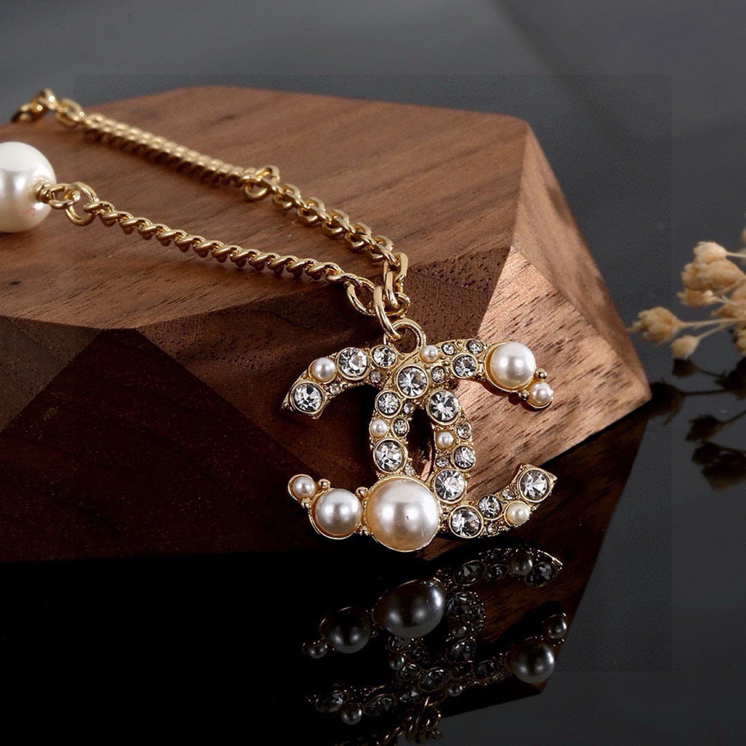 Double-C Emblem Pearl-Detail Pendant Necklace – Pearl Detail – Design 030 main product view