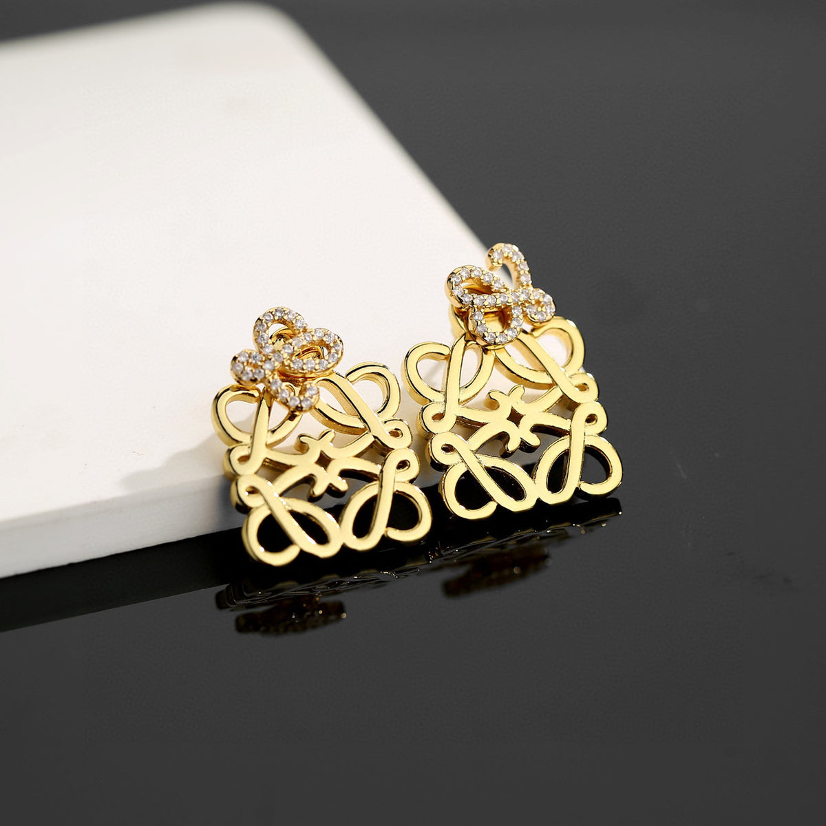 Floral Motif Stud Earrings in Gold-Tone with Crystal-Style Accents – Design 01 front view