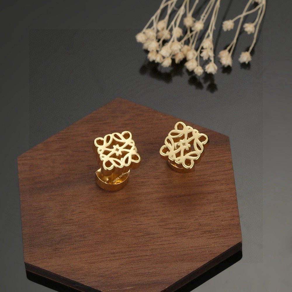 Floral Motif Stud Earrings in Polished Metal-Tone – Design 01 main product view