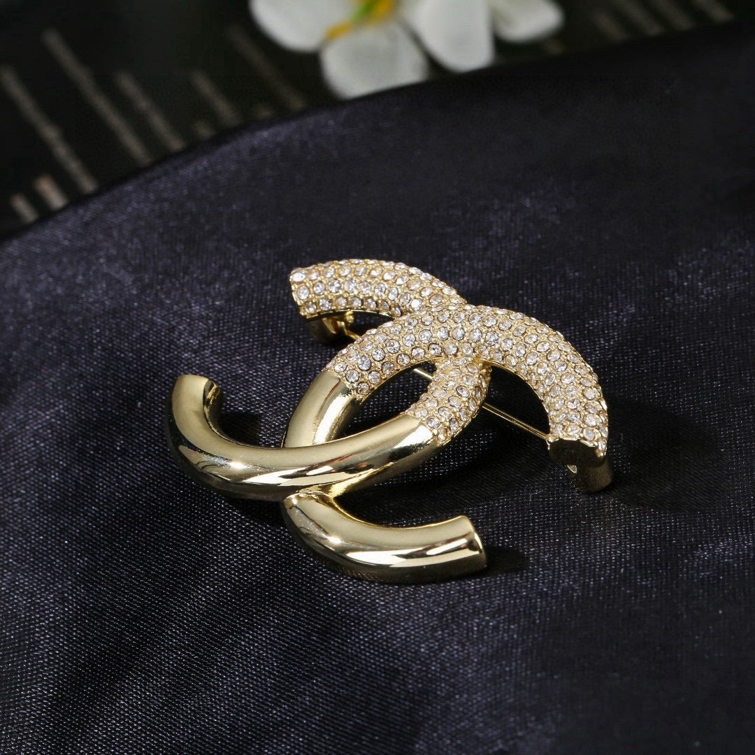 Double-C Emblem Brooch in Polished Metal-Tone – Design 014 styled product view