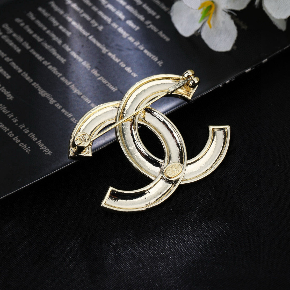 Double-C Emblem Brooch in Polished Metal-Tone – Design 013 styled product view