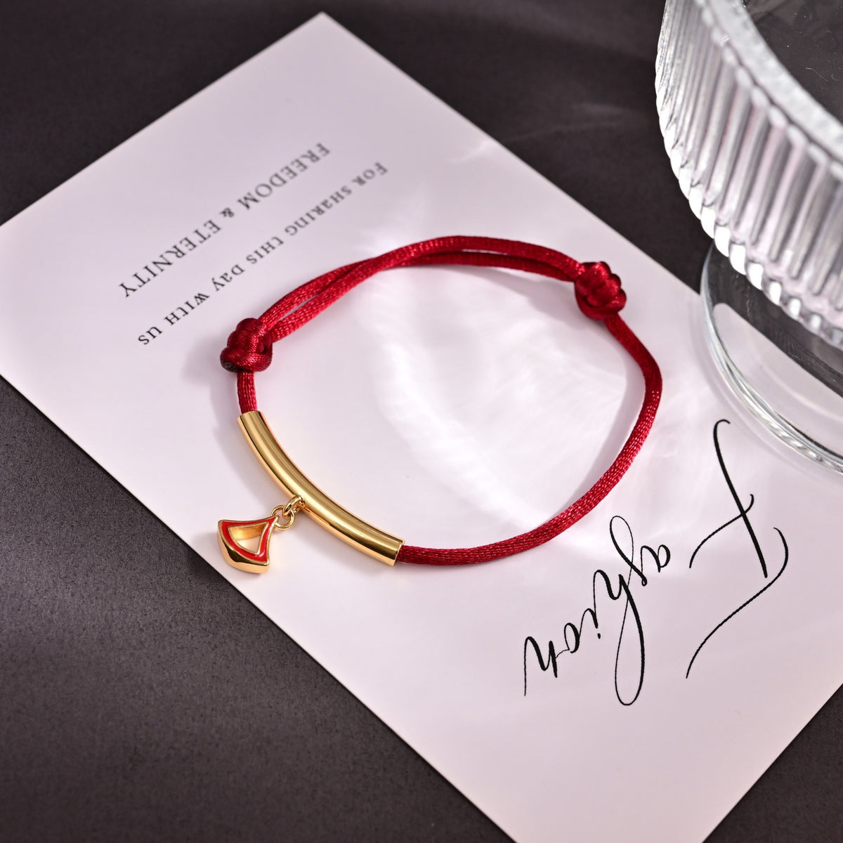 Red Cord Braided Bracelet in Polished Metal-Tone – Red Cord Detail – Design 003 detail view