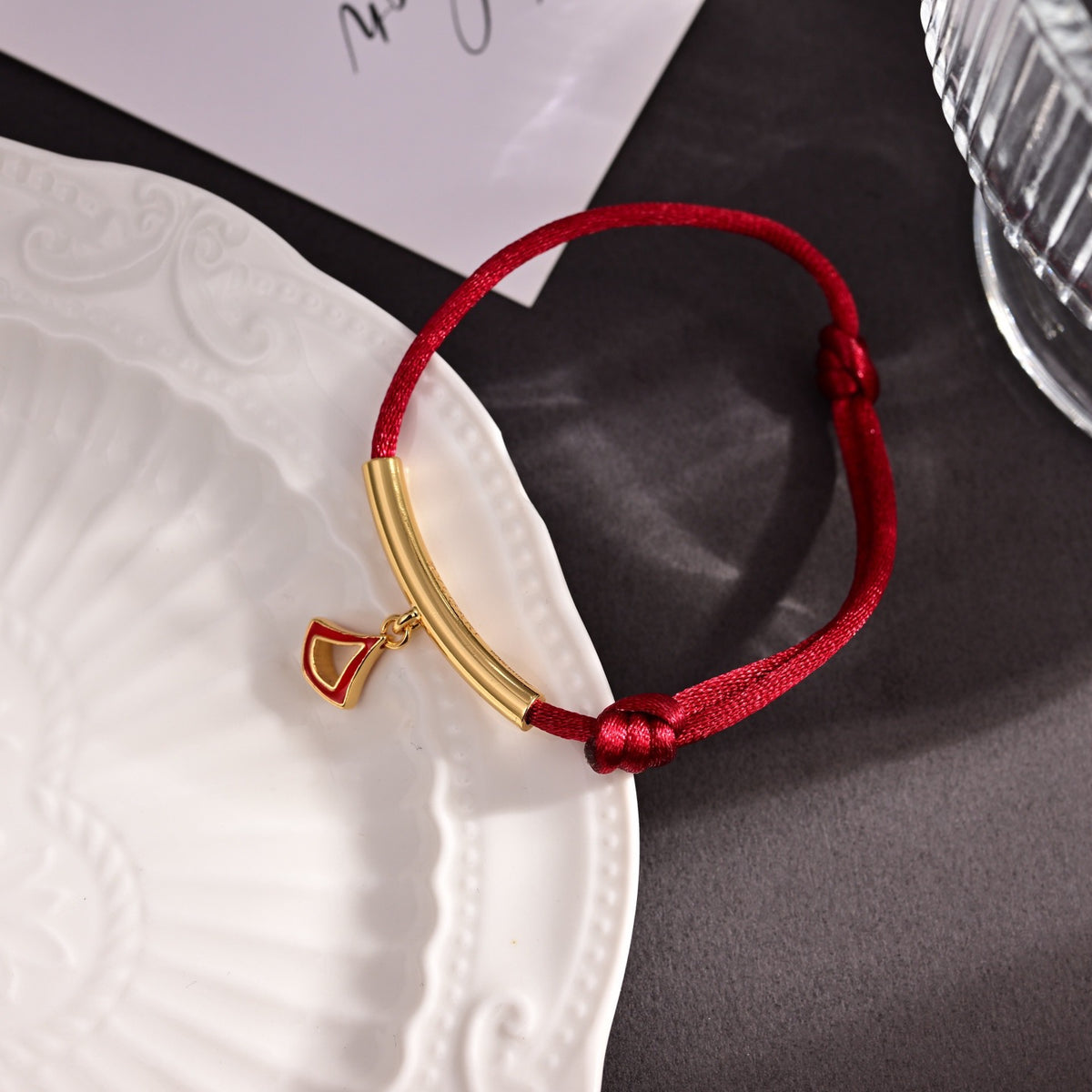 Red Cord Braided Bracelet in Polished Metal-Tone – Red Cord Detail – Design 003 styled product view