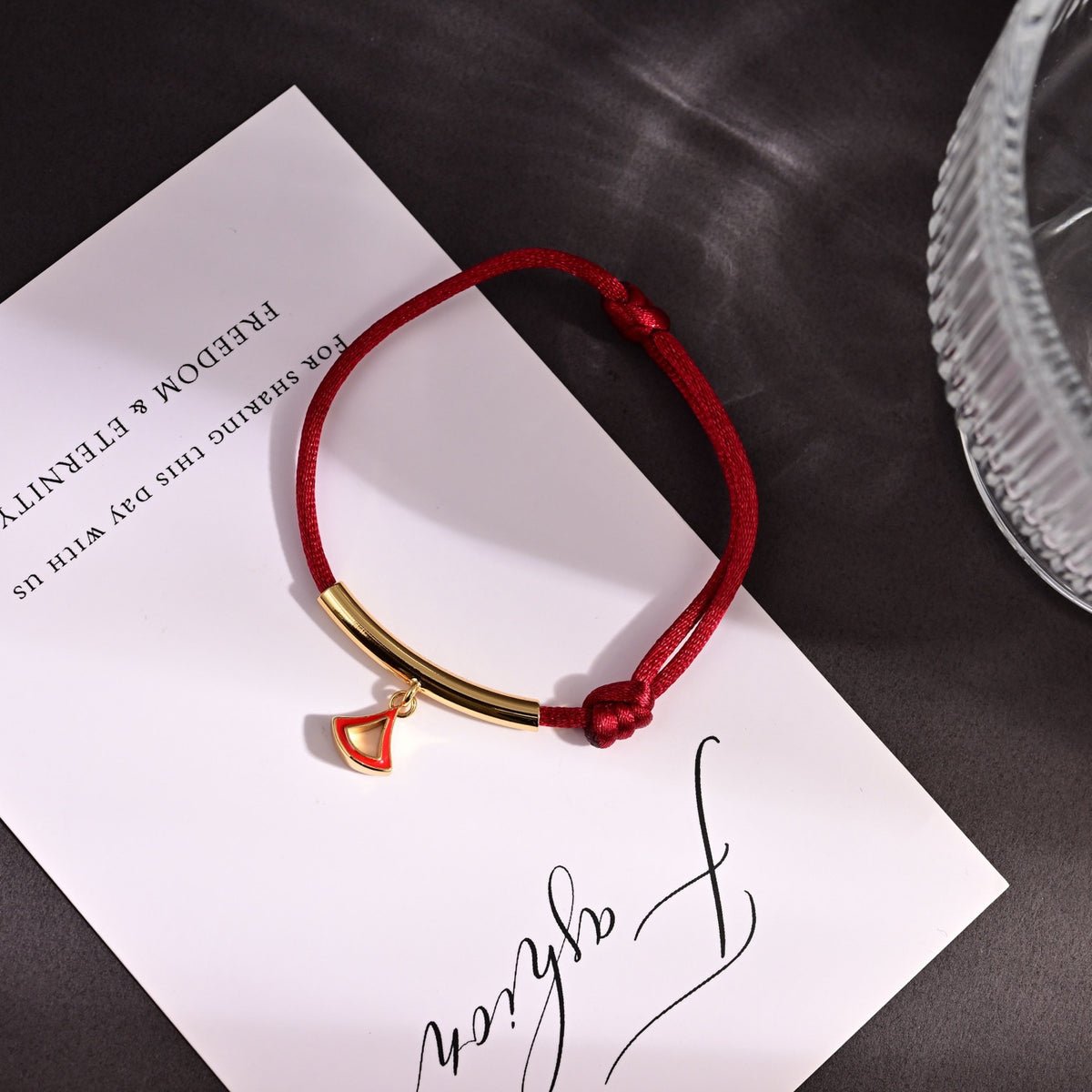 Red Cord Braided Bracelet in Polished Metal-Tone – Red Cord Detail – Design 003 main product view