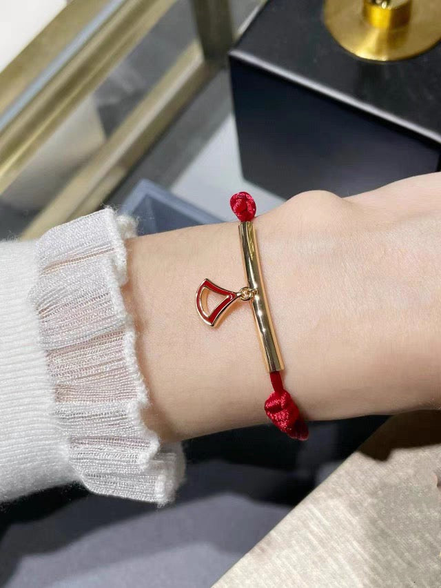 Red Cord Braided Bracelet in Polished Metal-Tone – Red Cord Detail – Design 003 detail view