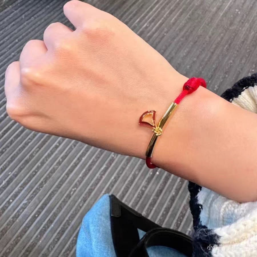 Red Cord Braided Bracelet in Polished Metal-Tone – Red Cord Detail side detail
