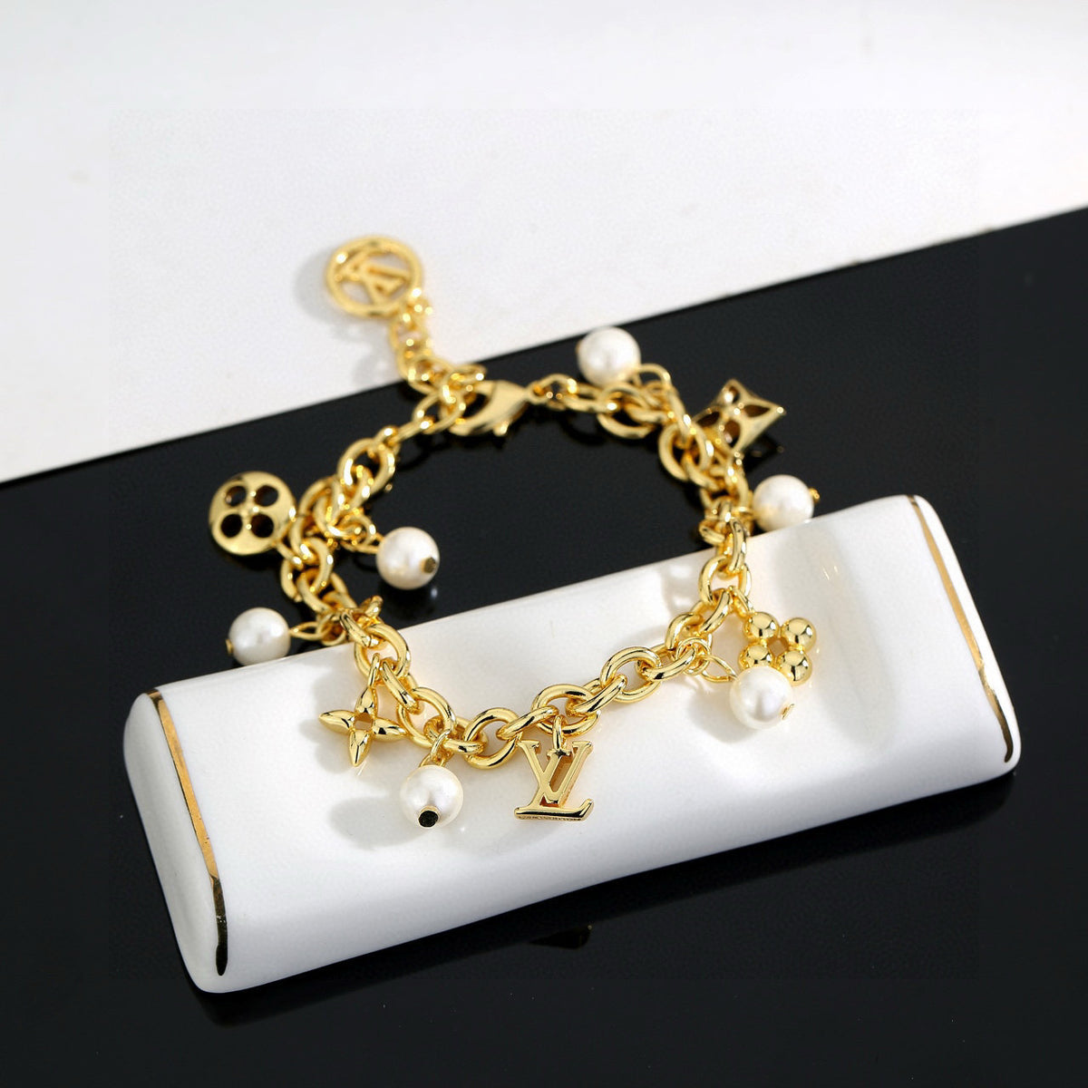 Letter Emblem Bracelet in Polished Metal-Tone – Design 006 side detail