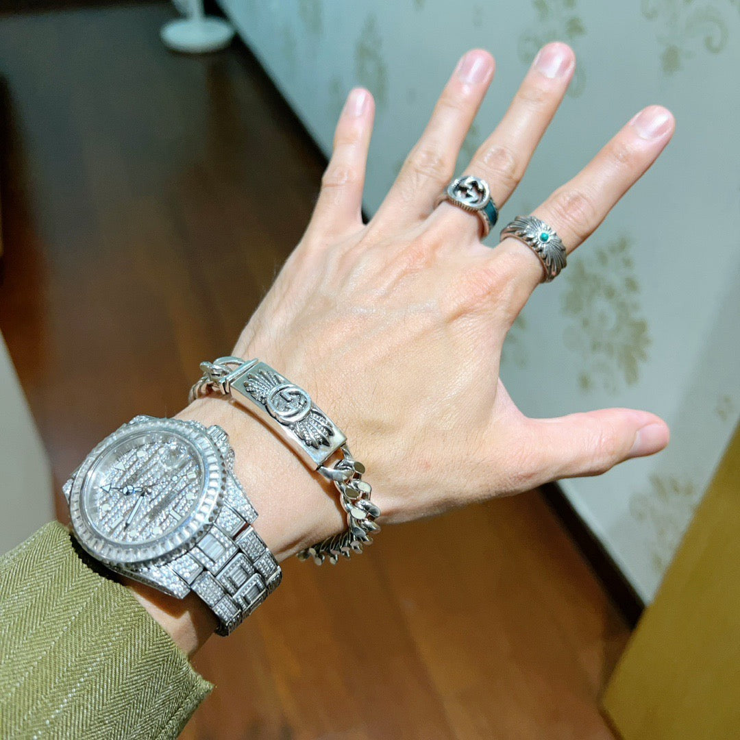 Geometric Emblem Bracelet in Polished Metal-Tone – Design 018 detail view