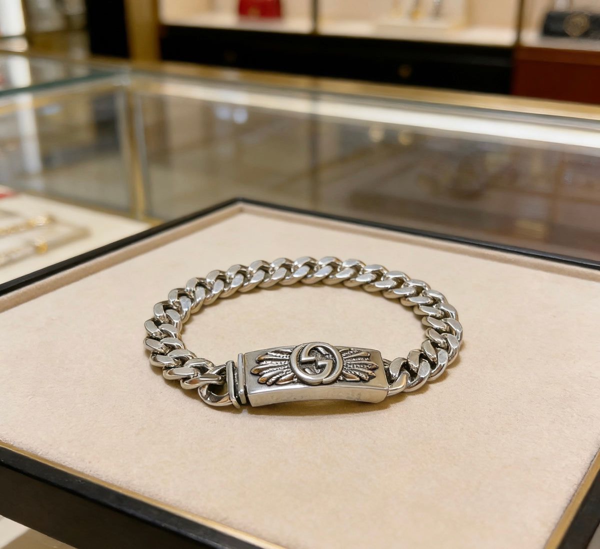 Geometric Emblem Bracelet in Polished Metal-Tone – Design 018 front product view
