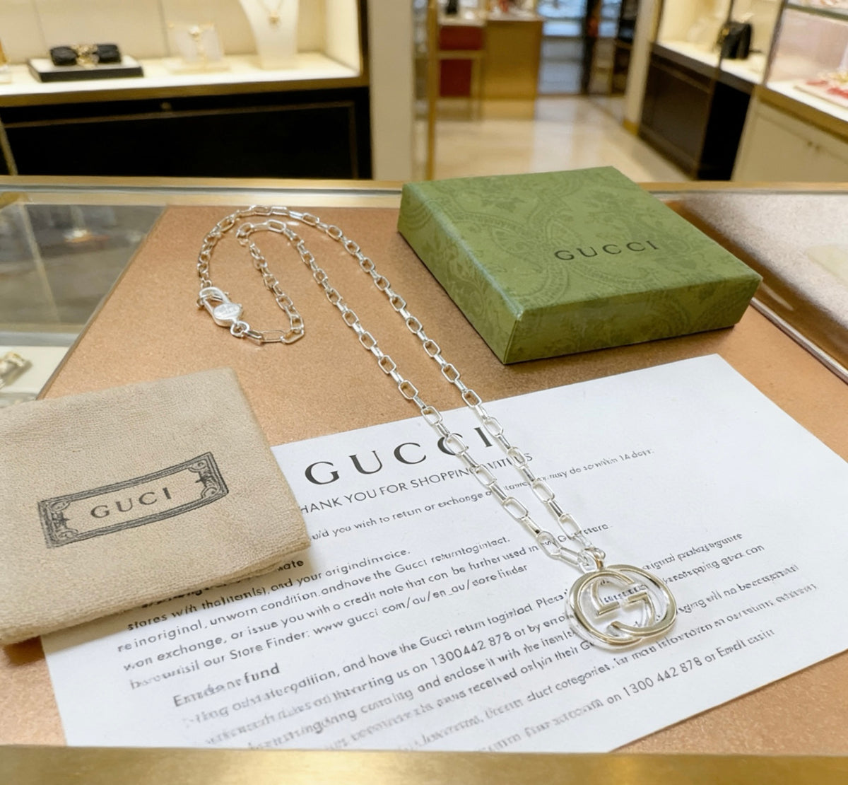 Double-G Emblem Pendant Necklace in Polished Metal-Tone – Design 037 detail view