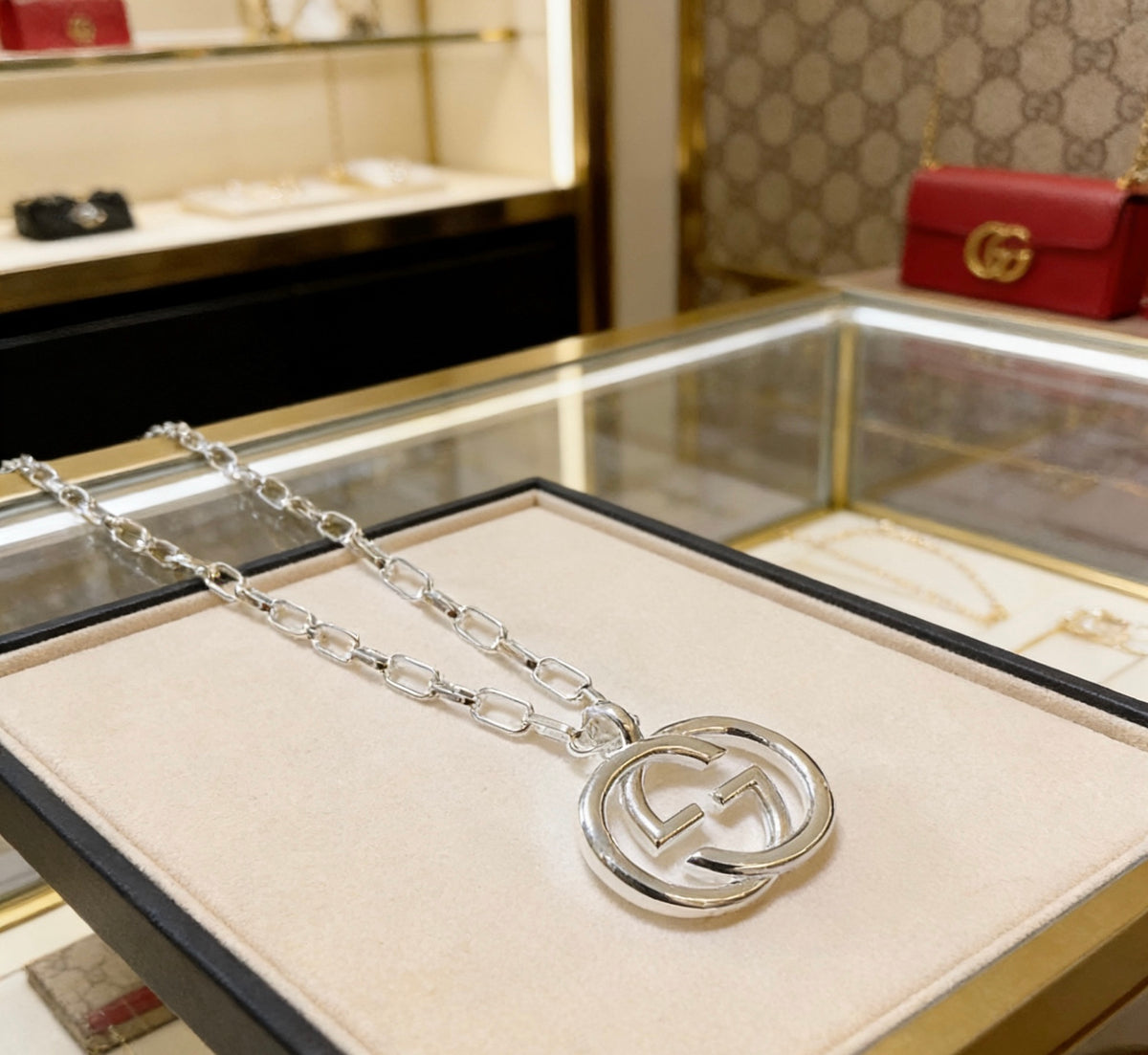 Double-G Emblem Pendant Necklace in Polished Metal-Tone – Design 037 front product view