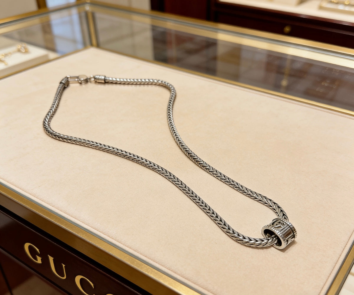 Double-G Emblem Pendant Necklace in Polished Metal-Tone – Design 034 front product view