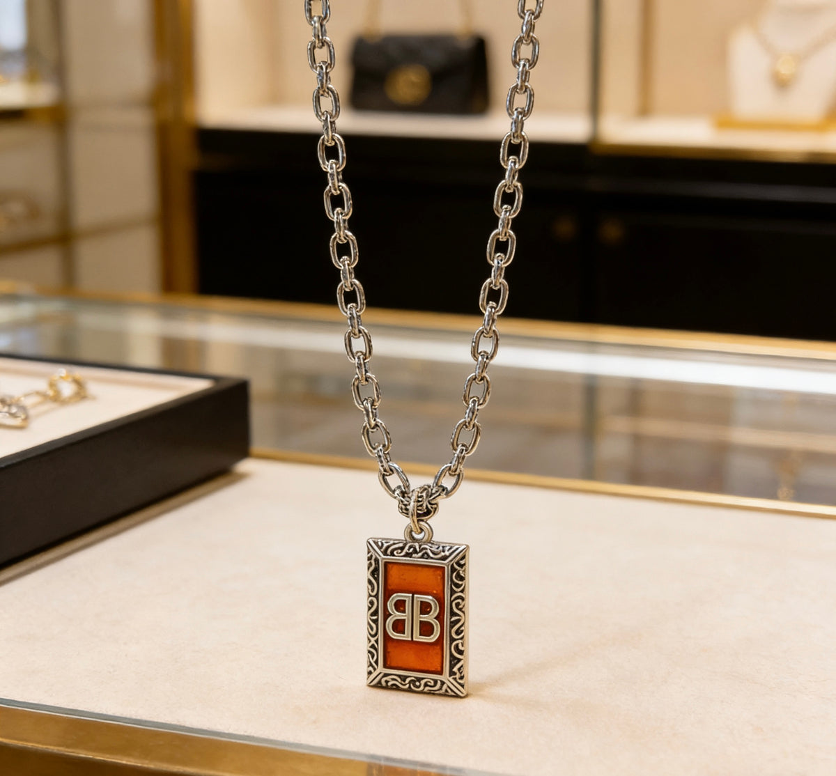 Geometric Emblem Pendant Necklace in Polished Metal-Tone – Vintage Detail – Design 035 main product view