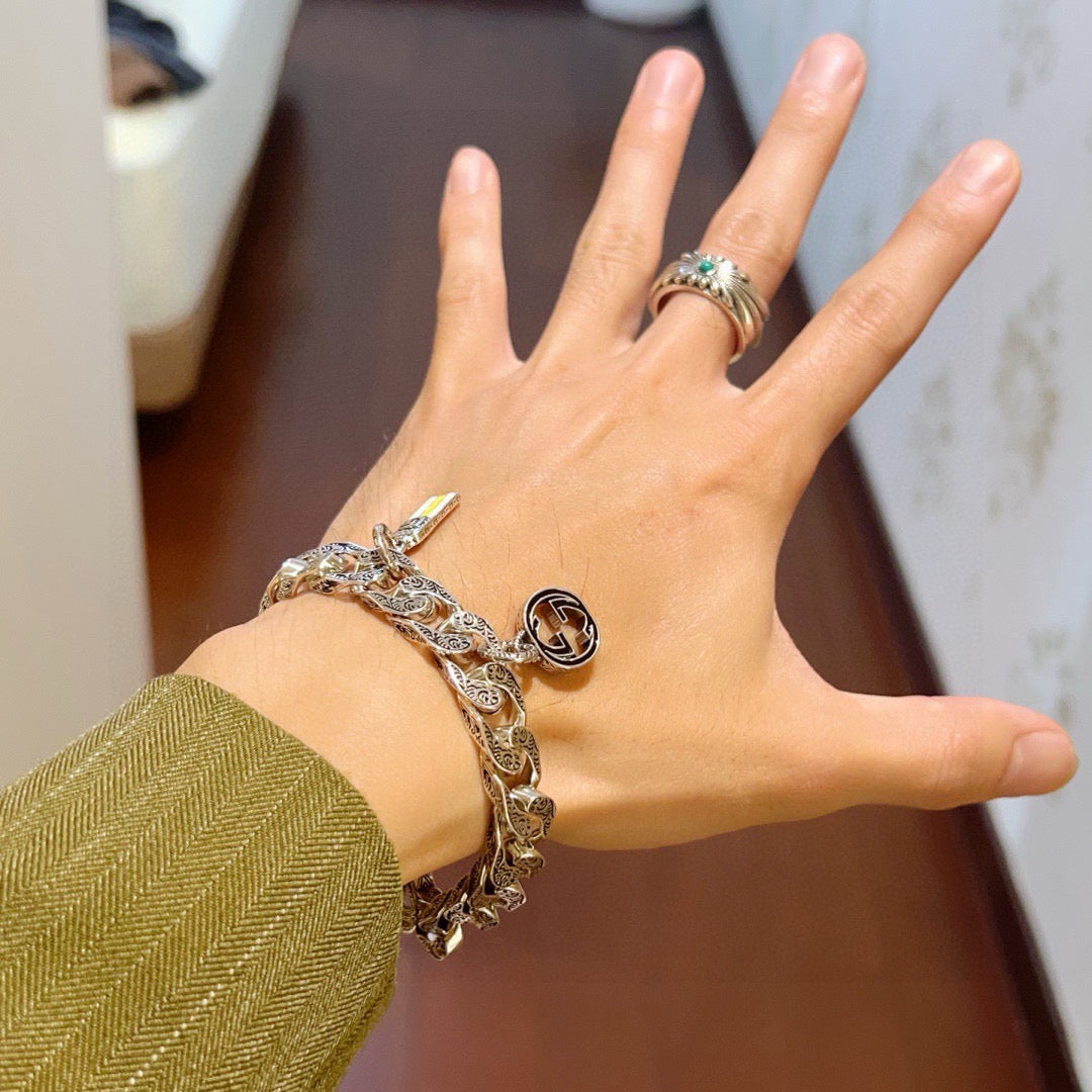 Geometric Emblem Bracelet in Polished Metal-Tone – Design 015 detail view