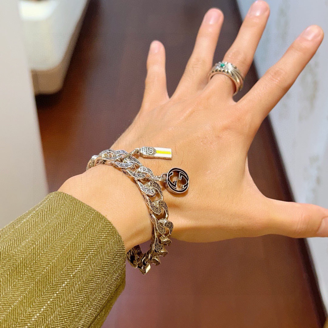 Geometric Emblem Bracelet in Polished Metal-Tone – Design 055 front product view