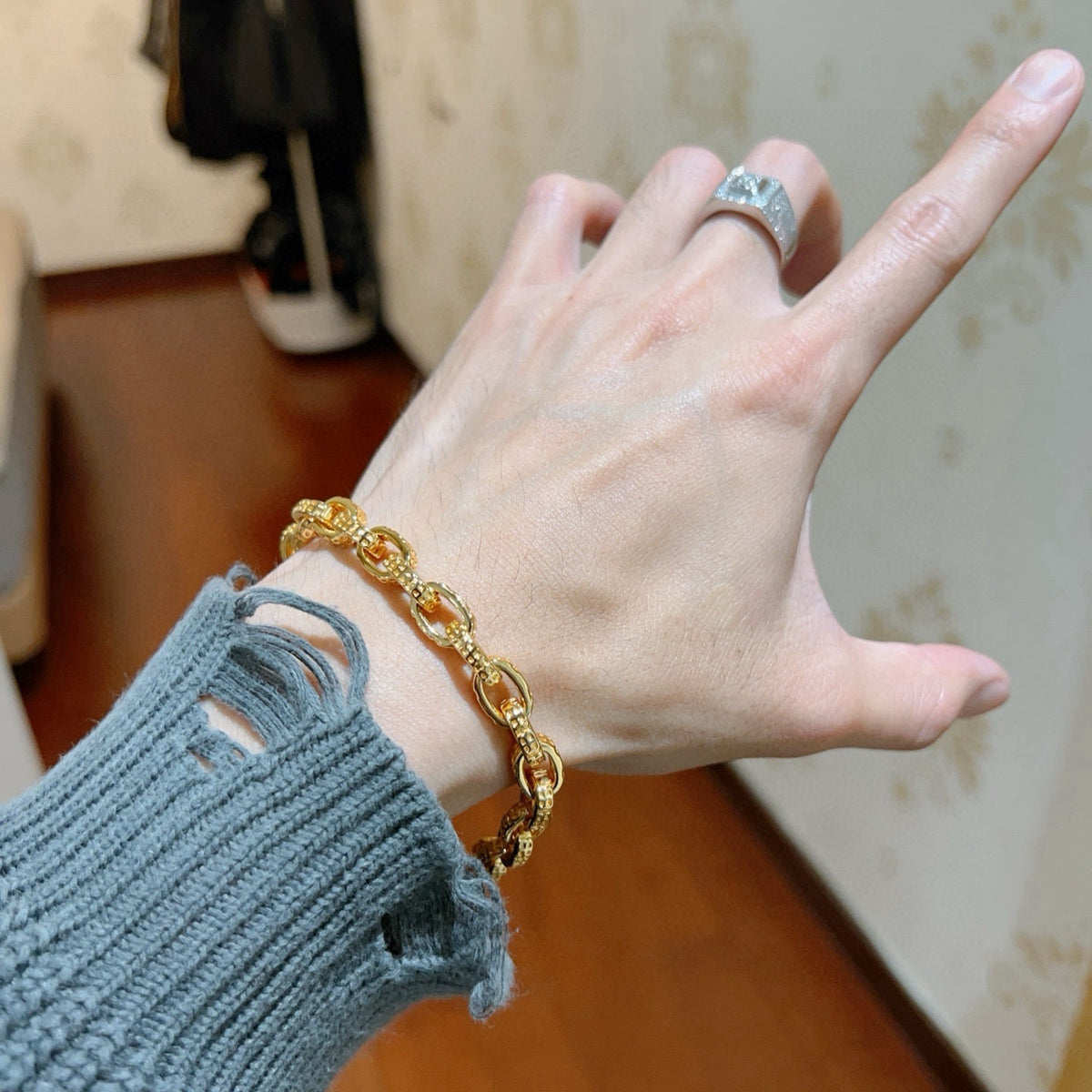 Geometric Emblem Bracelet in Polished Metal-Tone – Design 022 detail view