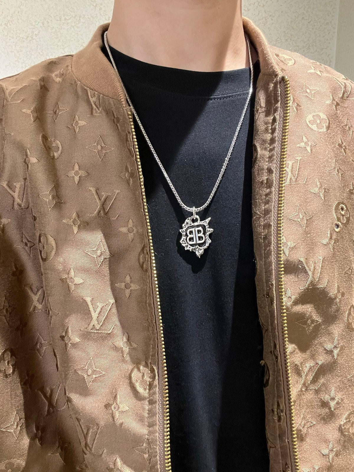 Geometric Emblem Pendant Necklace in Polished Metal-Tone – Vintage Detail – Design 052 detail view