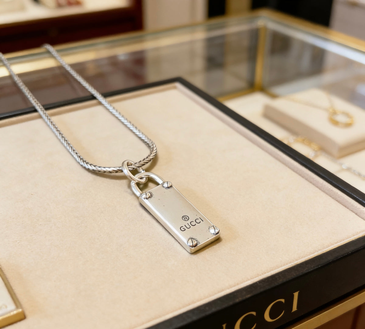 Double-G Emblem Pendant Necklace in Polished Metal-Tone – Design 108 front product view