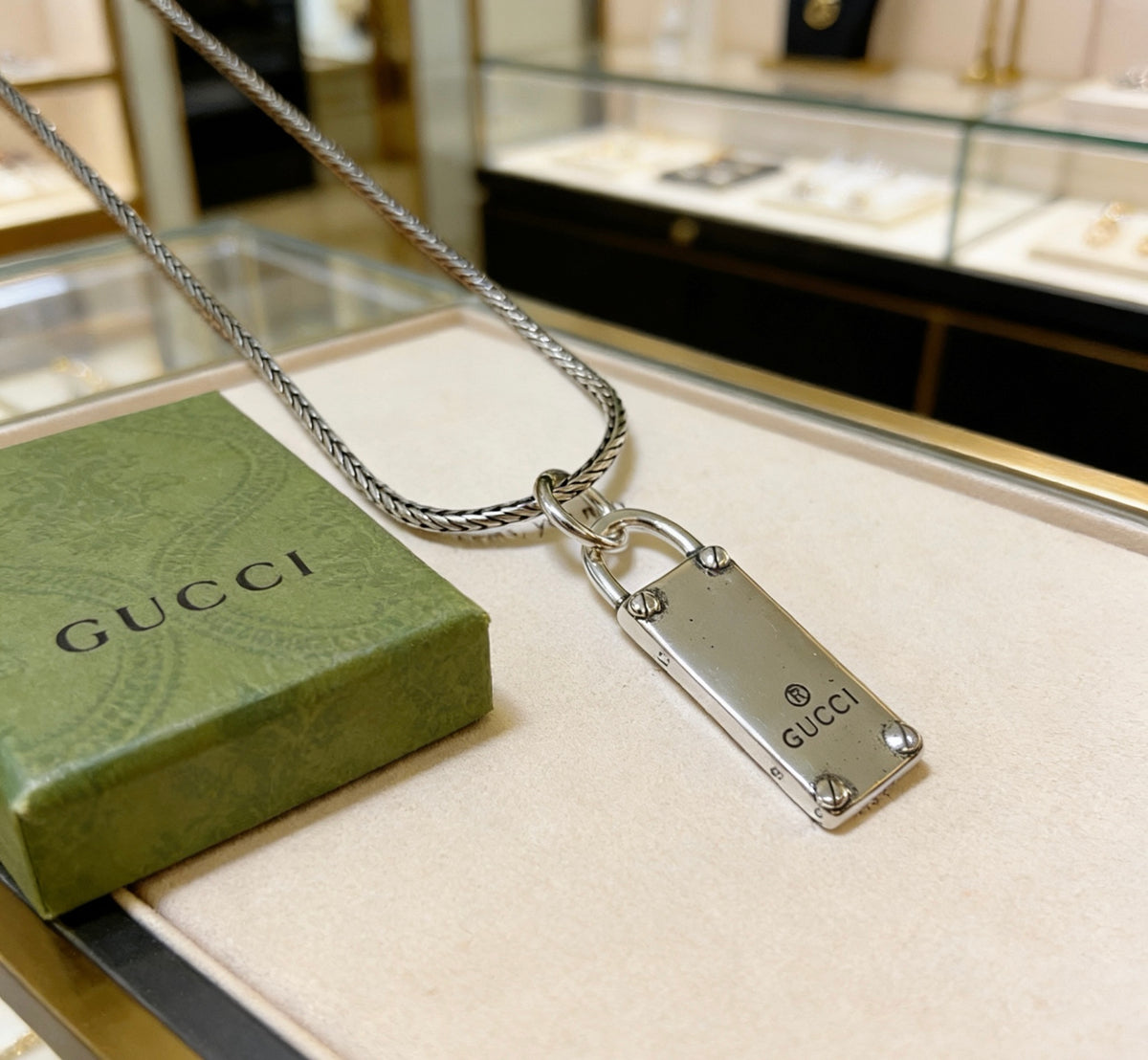 Double-G Emblem Pendant Necklace in Polished Metal-Tone – Design 033 styled product view