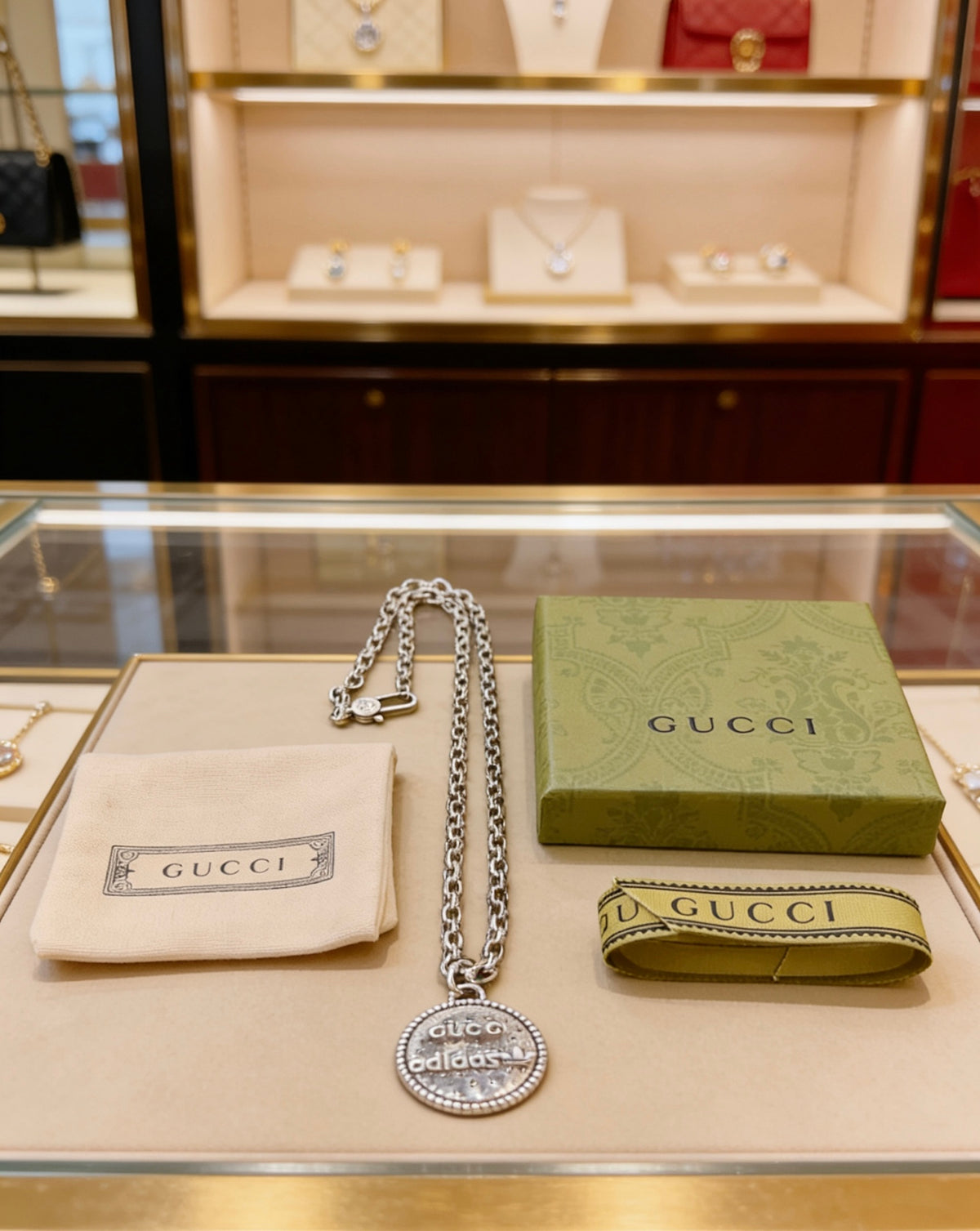 Double-G Emblem Pendant Necklace in Polished Metal-Tone – Vintage Detail – Design 027 styled product view