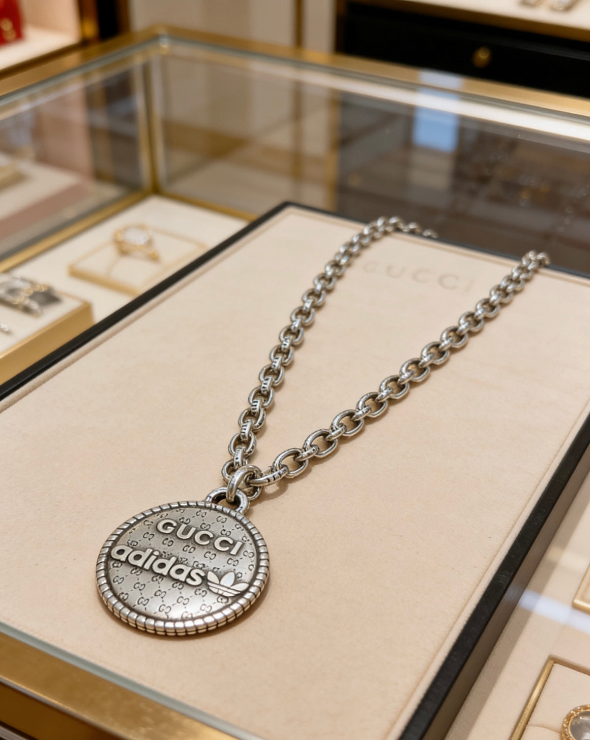Double-G Emblem Pendant Necklace in Polished Metal-Tone – Vintage Detail – Design 027 front product view