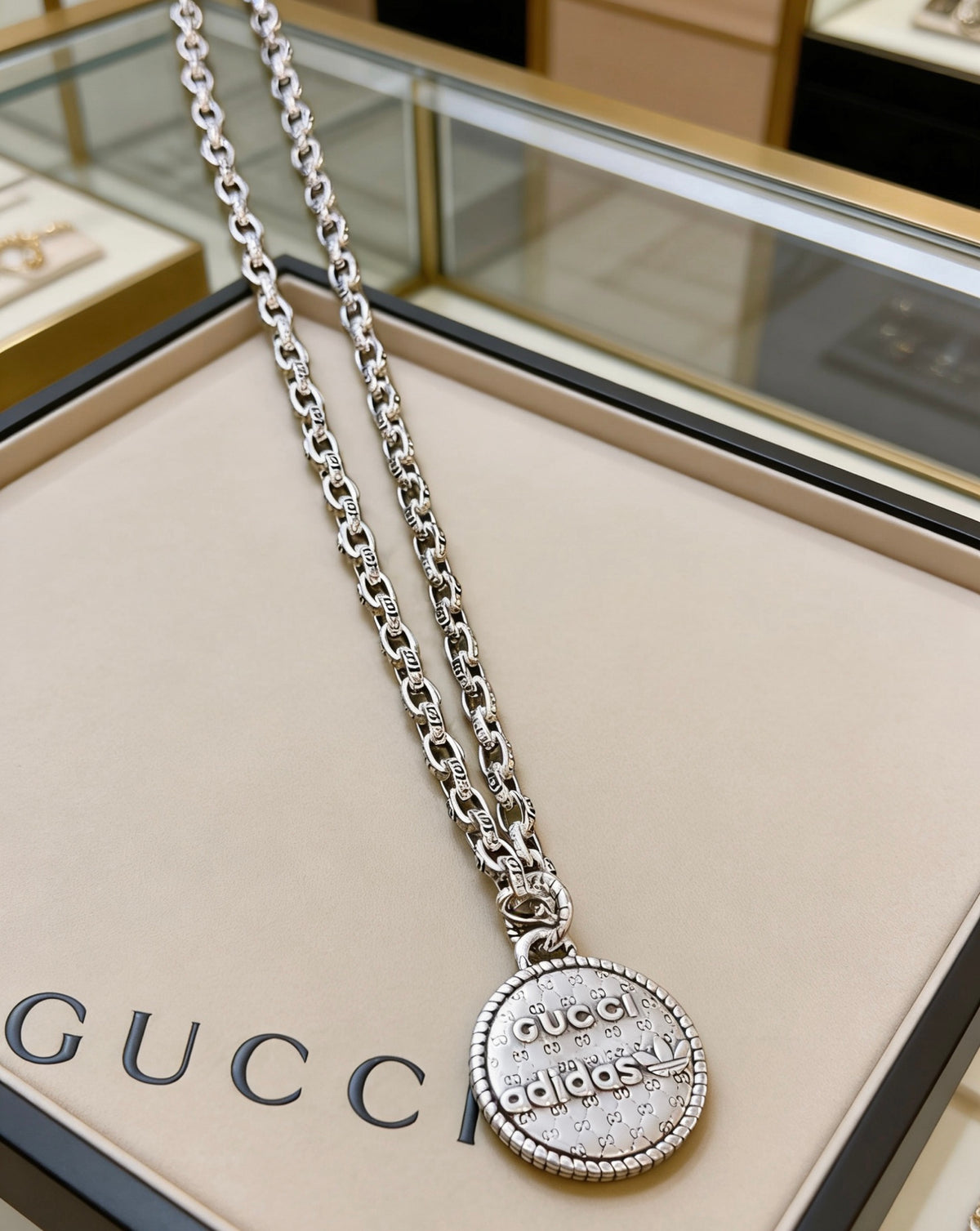 Double-G Emblem Pendant Necklace in Polished Metal-Tone – Vintage Detail – Design 027 main product view