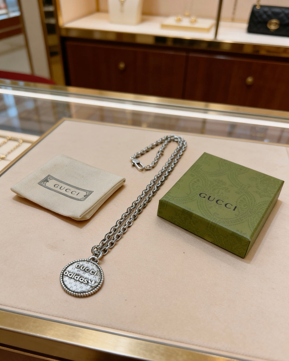 Double-G Emblem Pendant Necklace in Polished Metal-Tone – Vintage Detail – Design 027 front product view