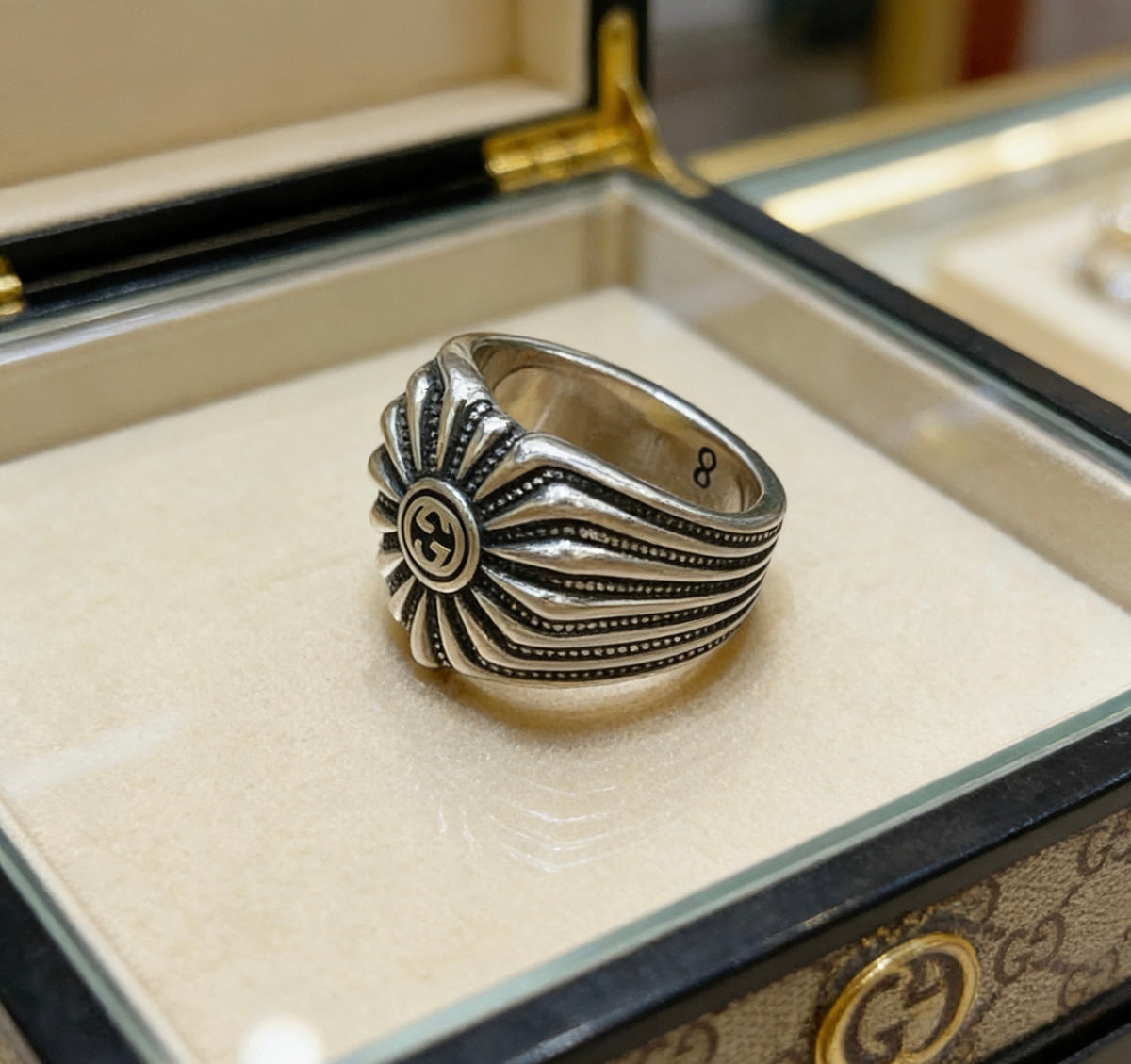 Double-G Emblem Statement Ring in Polished Metal-Tone – Design 004 front product view