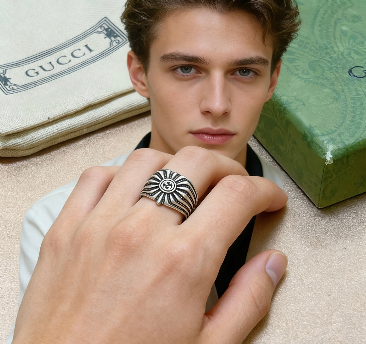 Double-G Emblem Statement Ring in Polished Metal-Tone – Design 004 detail view