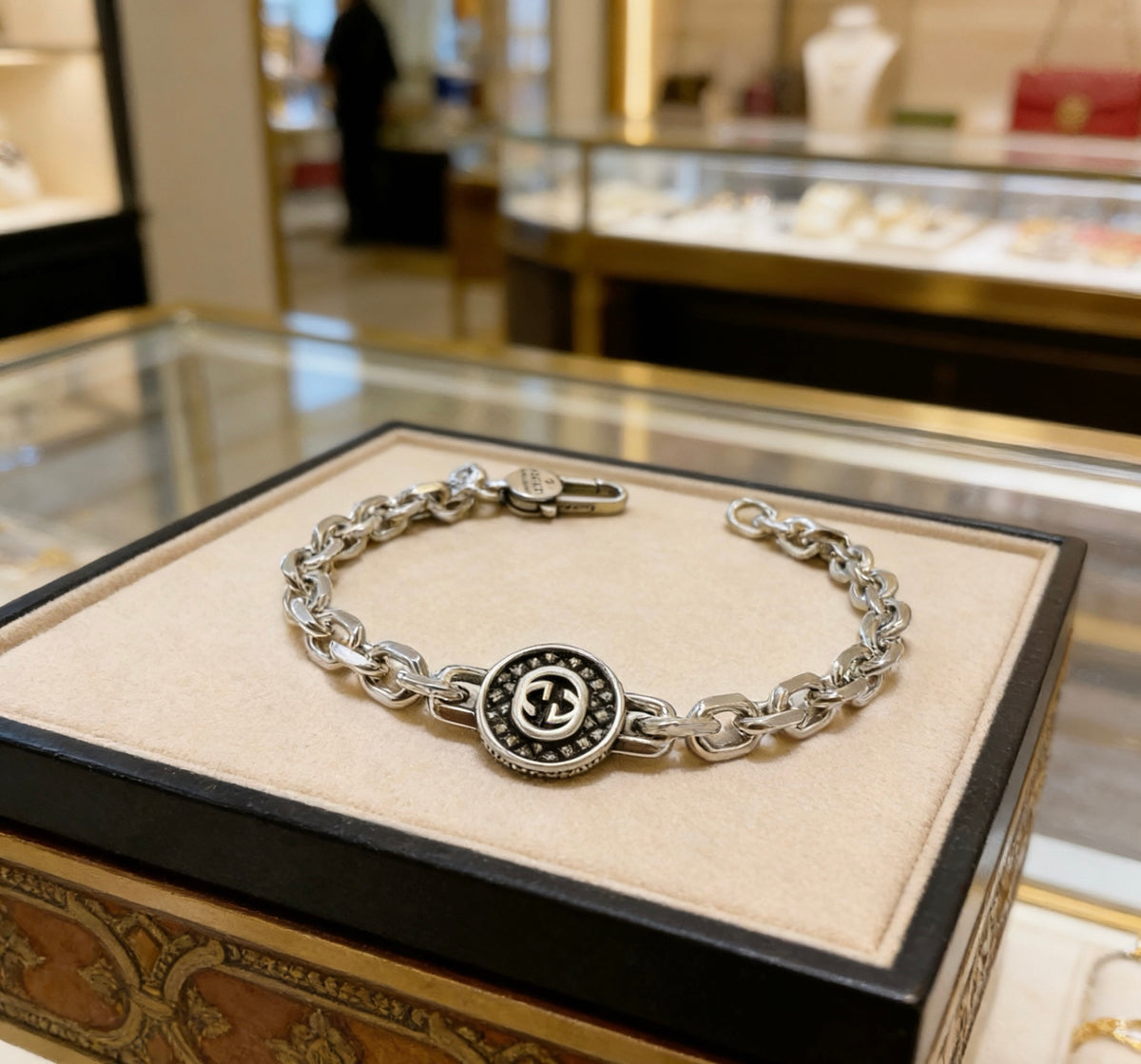 Geometric Emblem Bracelet in Polished Metal-Tone – Design 048 side detail