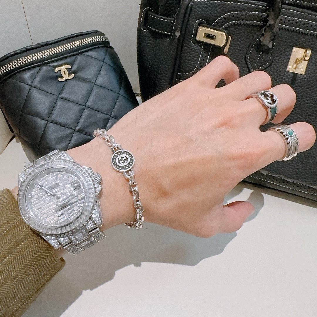 Geometric Emblem Bracelet in Polished Metal-Tone – Design 048 detail view