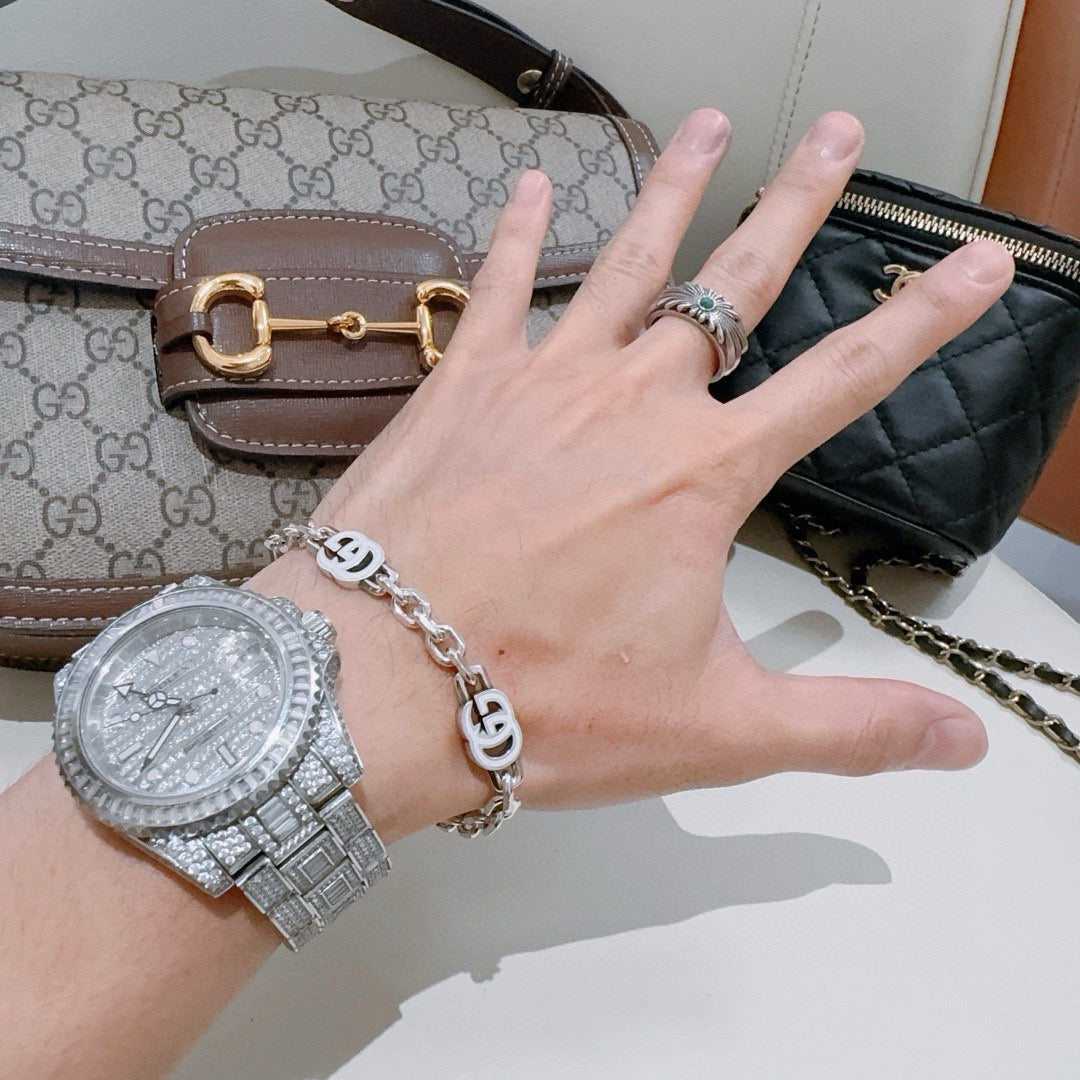 Geometric Emblem Bracelet in Polished Metal-Tone – Design 049 front product view