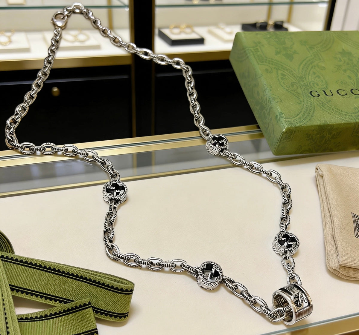 Double-G Emblem Pendant Necklace in Polished Metal-Tone – Design 105 side detail