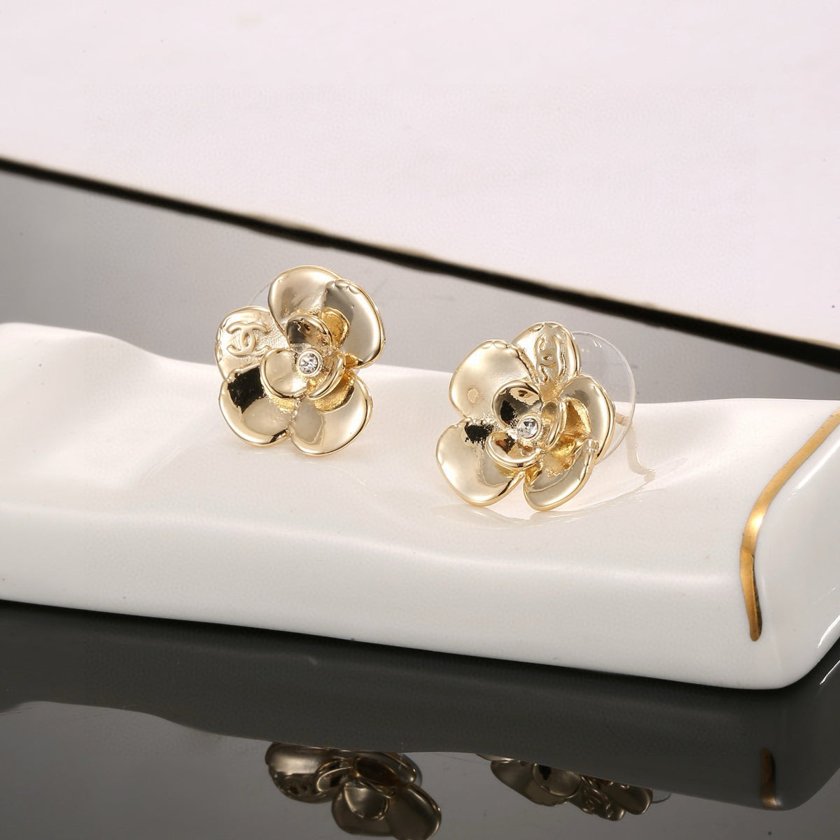 Camellia Stud Earrings in Gold-Tone – Camellia Detail – Design 003 main product view