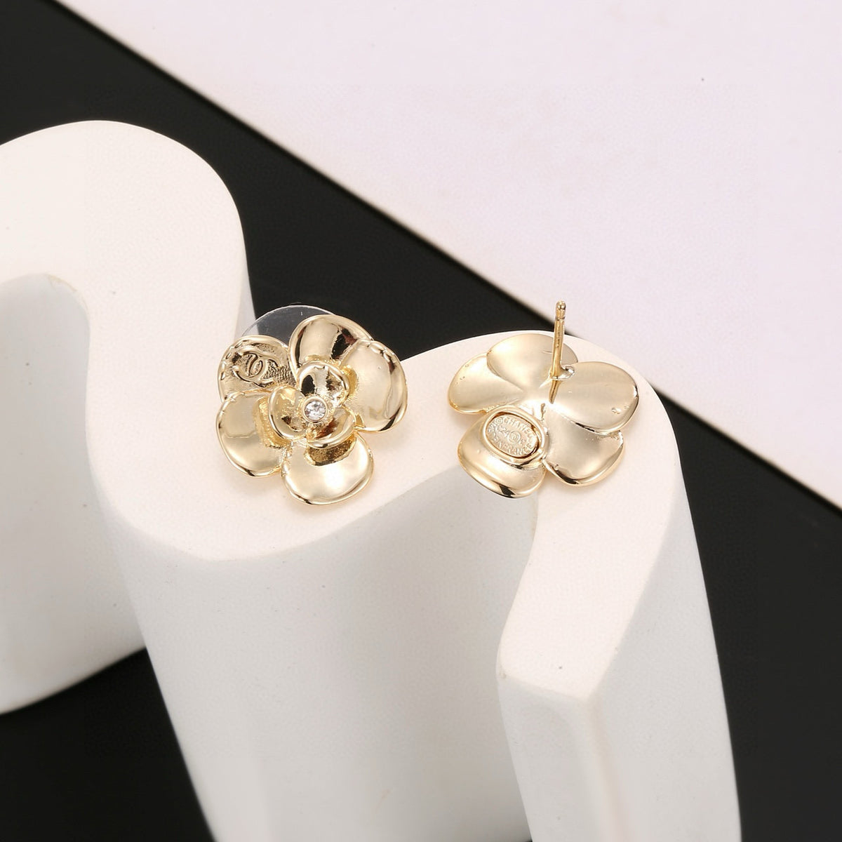 Camellia Stud Earrings in Gold-Tone – Camellia Detail – Design 003 side detail