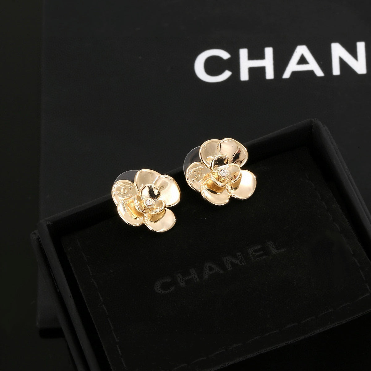 Camellia Stud Earrings in Gold-Tone – Camellia Detail – Design 003 main product view