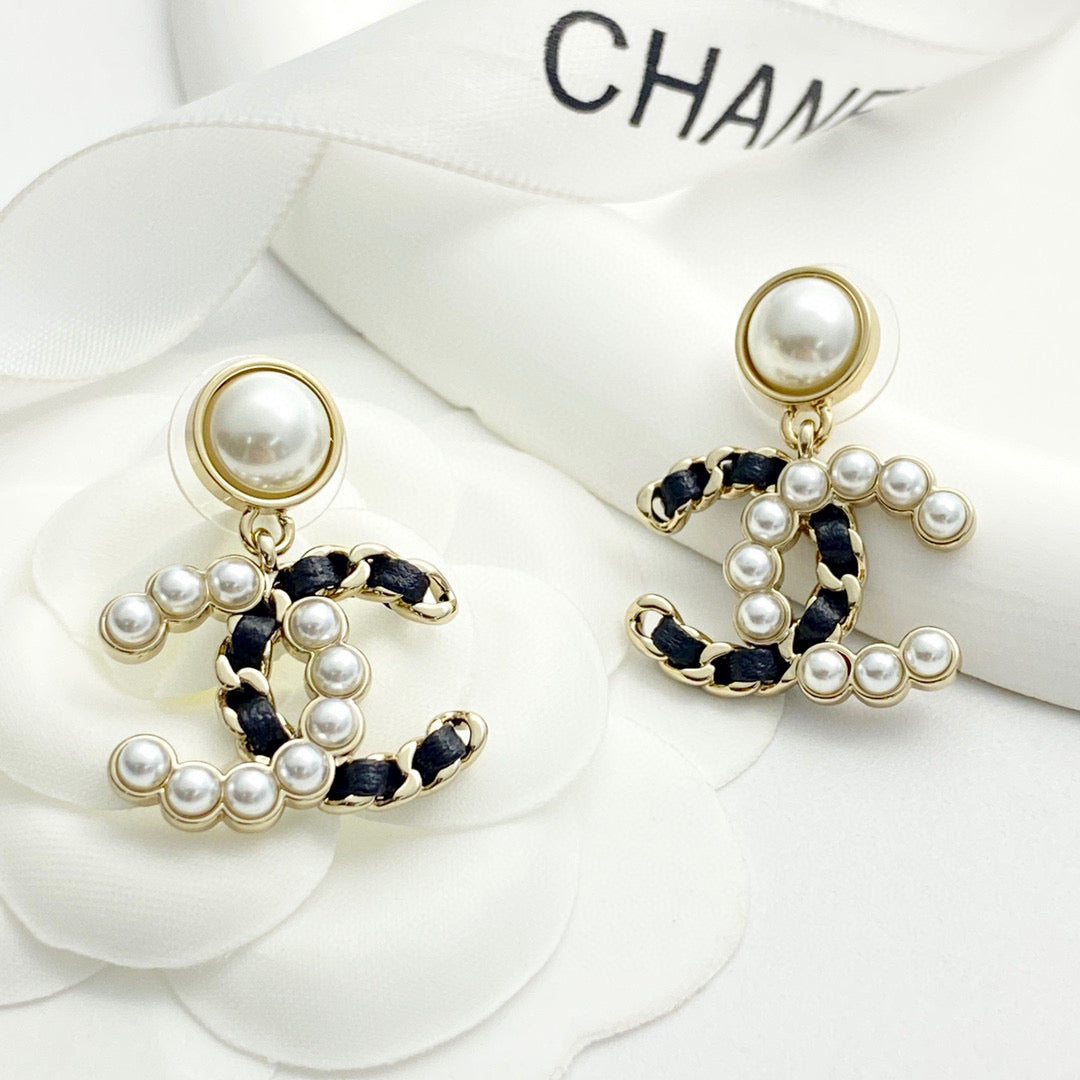 Double-C Emblem Pearl-Detail Stud Earrings – Pearl Detail – Design 004 front product view