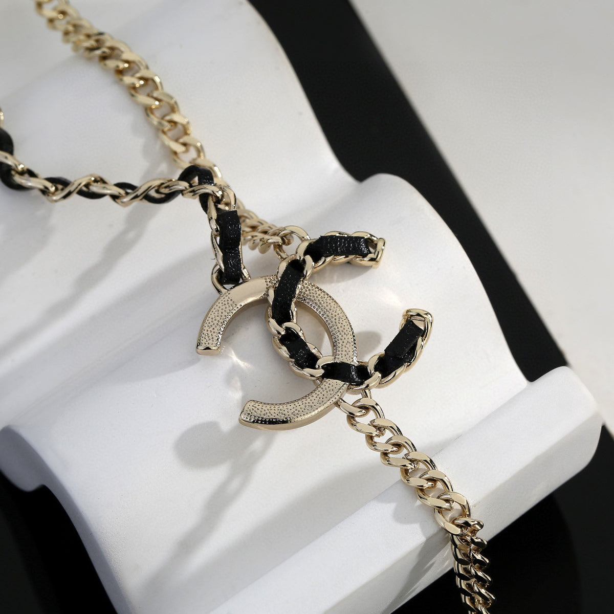 Signature Emblem Pendant Necklace in Gold-Tone – Black Detail – Design 011 side detail
