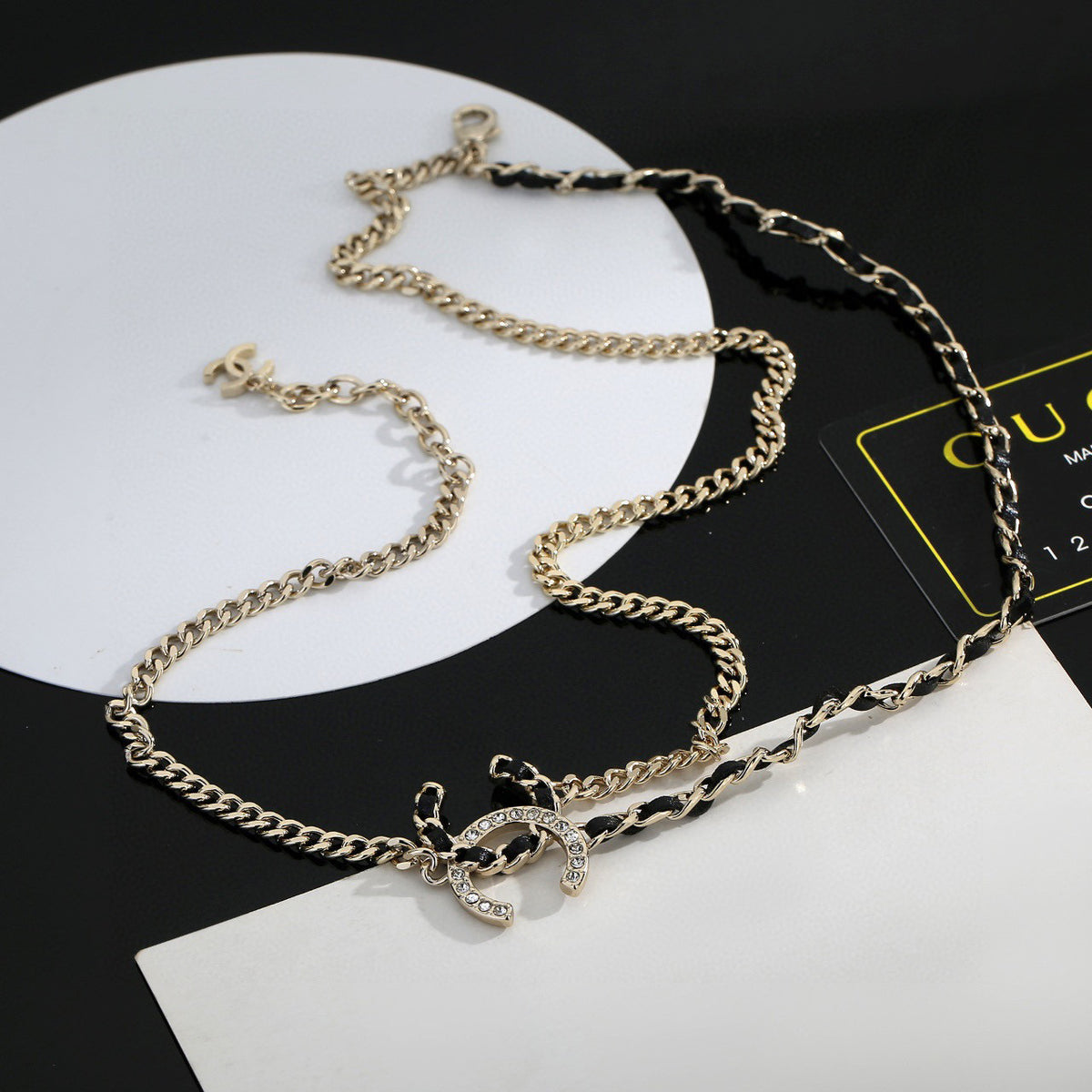 Signature Emblem Pendant Necklace in Gold-Tone – Black Detail – Design 011 detail view