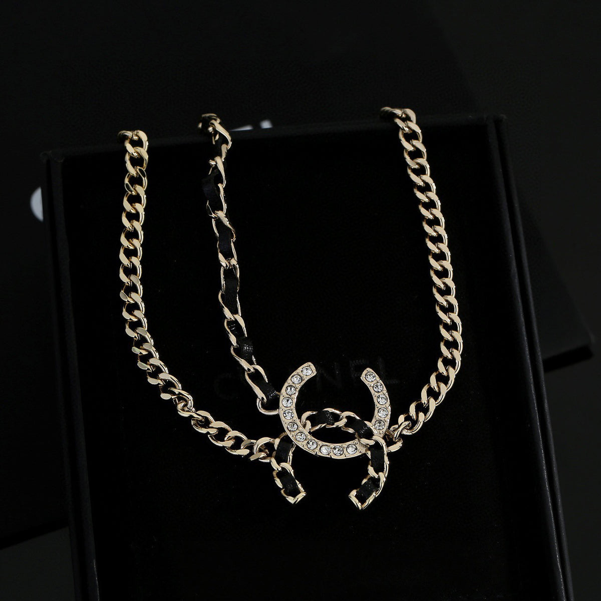 Signature Emblem Pendant Necklace in Gold-Tone – Black Detail – Design 011 close-up detail