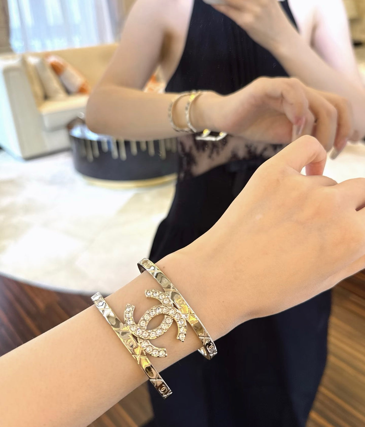 Signature Emblem Bangle in Polished Metal-Tone – Black Detail – Design 002 front product view