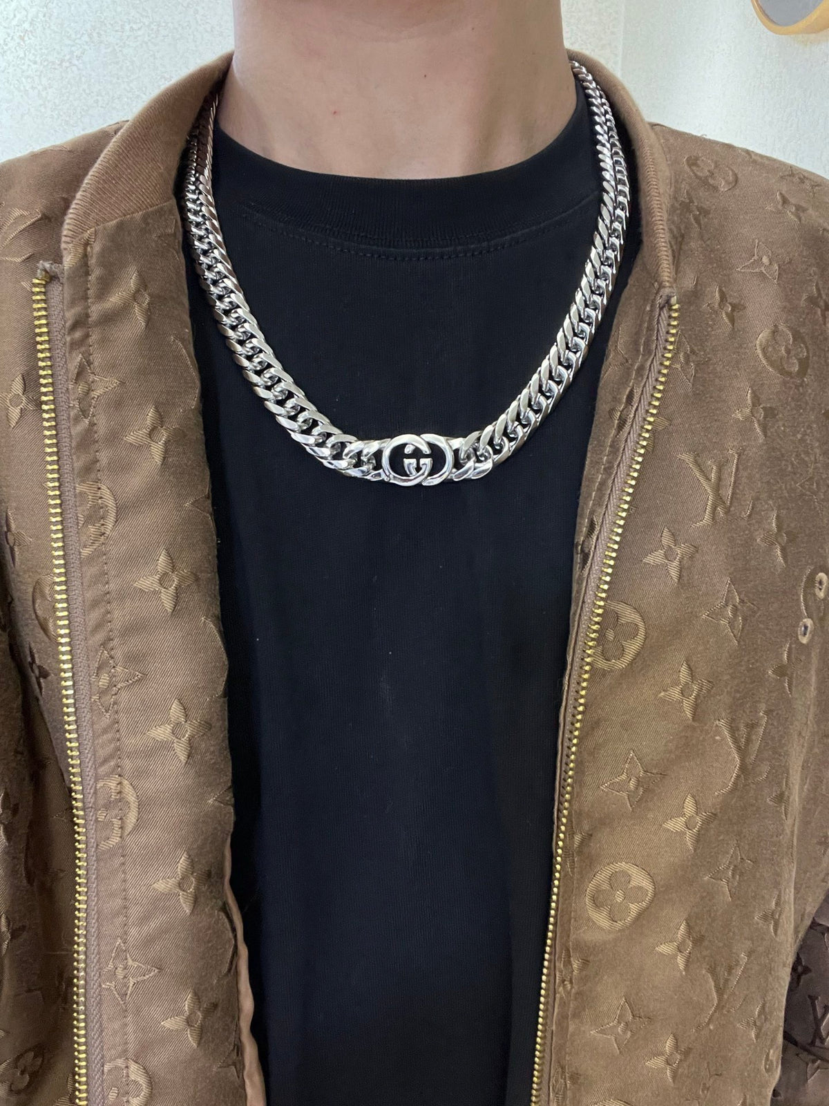 Double-G Emblem Pendant Necklace in Polished Metal-Tone – Vintage Detail – Design 020 styled product view