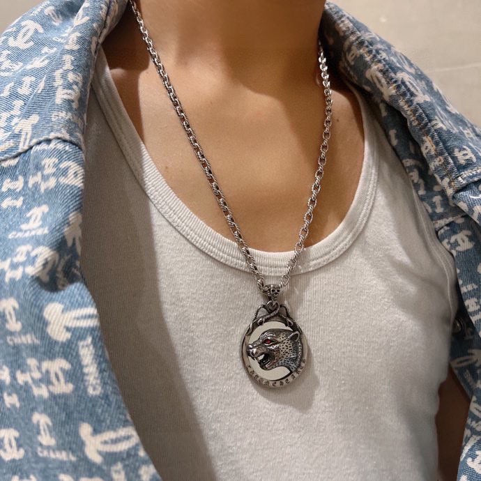 Double-G Emblem Pendant Necklace in Polished Metal-Tone – Vintage Detail – Design 019 styled product view