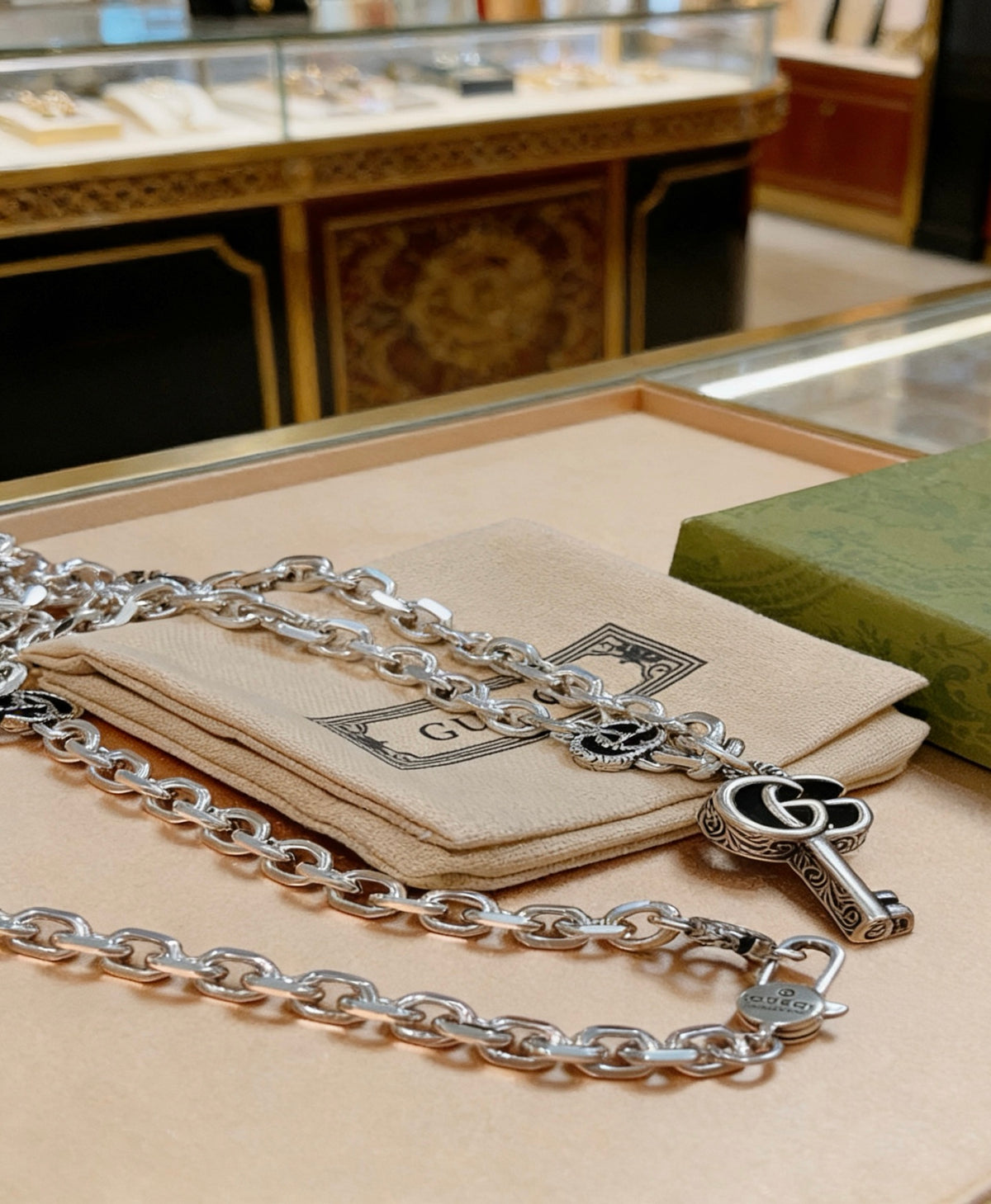 Double-G Emblem Pendant Necklace in Polished Metal-Tone – Design 076 detail view