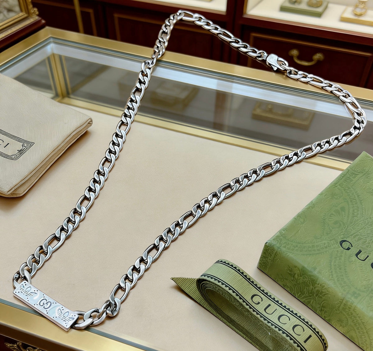 Double-G Emblem Pendant Necklace in Silver-Tone – Vintage Detail – Design 014 front product view