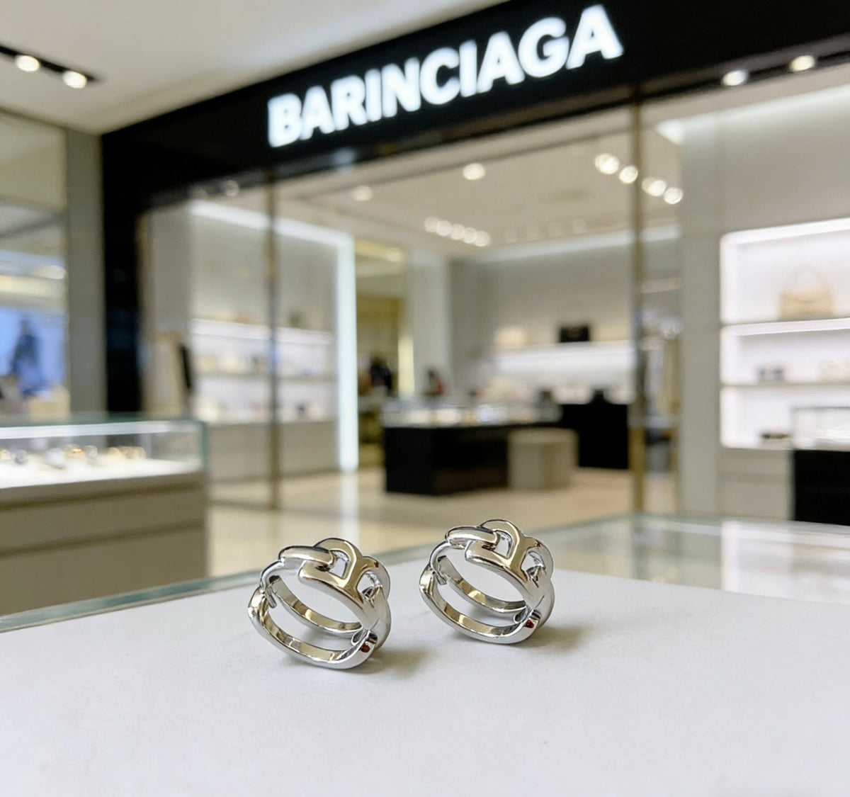 Ring Motif Stud Earrings in Polished Metal-Tone – Design 001 front product view